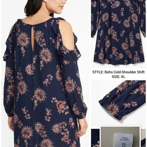 Boho Cold-Shoulder Shift Dress - Navy with Rust Floral